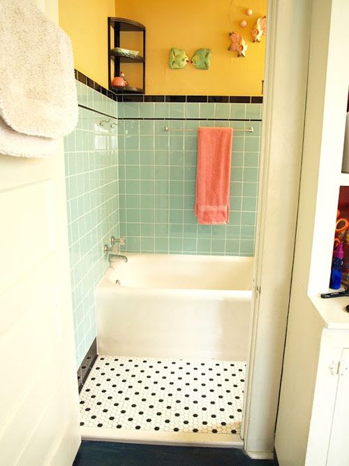 retro bathroom | Black tile bathrooms, Cheap bathroom remodel .