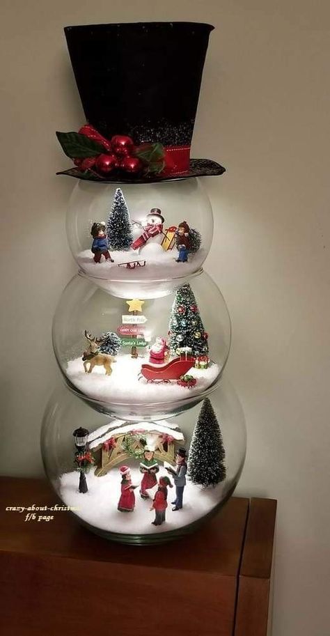 Snowman made out of glass bowls | Snowman christmas decorations .