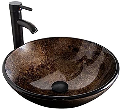 Bathroom Vessel Sink with Faucet Mounting Ring and Pop Up Drain .