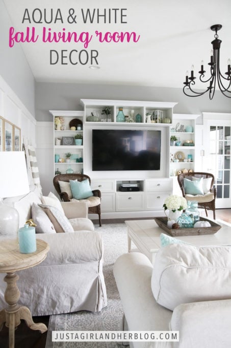 Aqua and White Fall Living Room Decor | Abby Laws