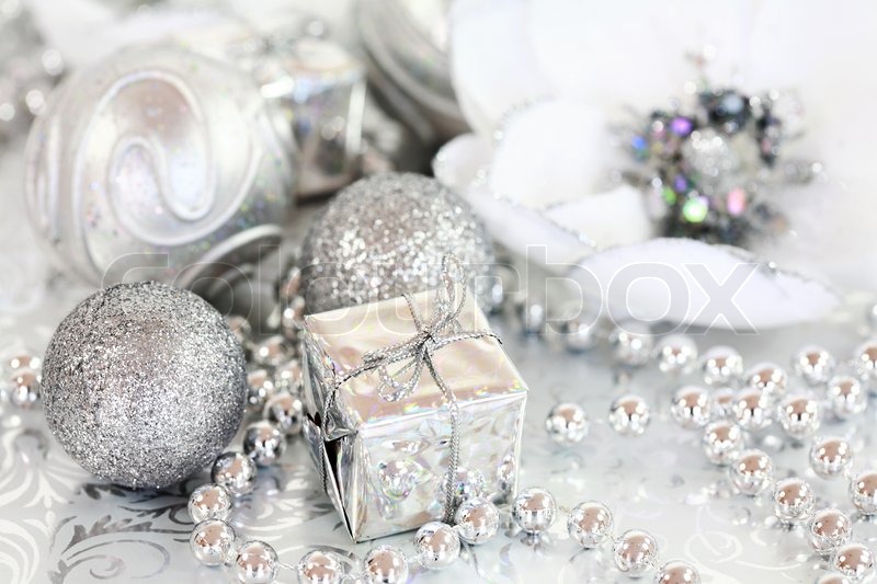 Christmas ornaments in silver and white ... | Stock image | Colourb