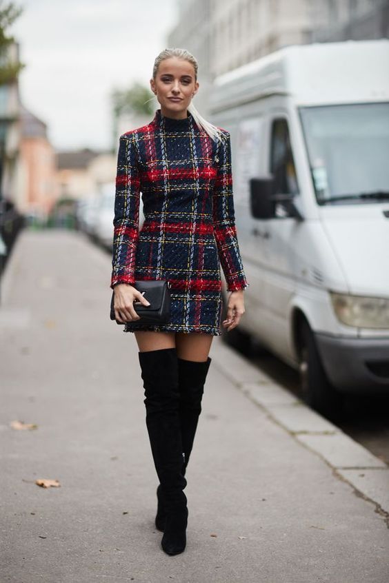 Thigh high boots in tweed dress