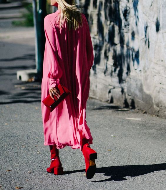 pink satin dress red boots