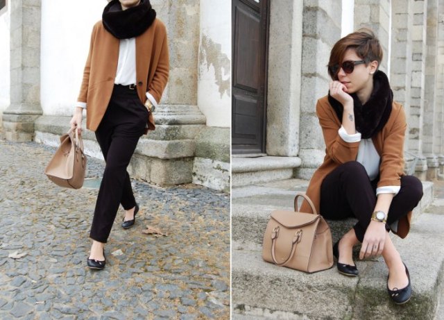 black leather ballerinas with a green wool coat and chinos