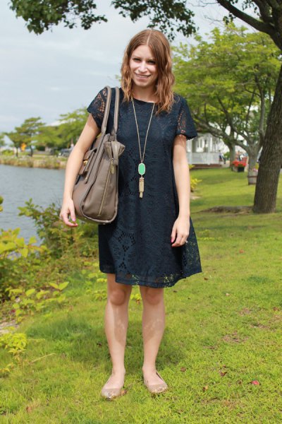 dark blue short-sleeved mini swing dress made of lace