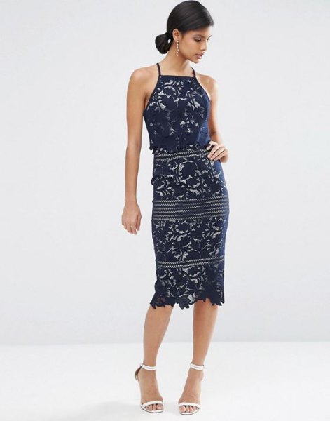 Halter midi floral patterned lace dress with white heels