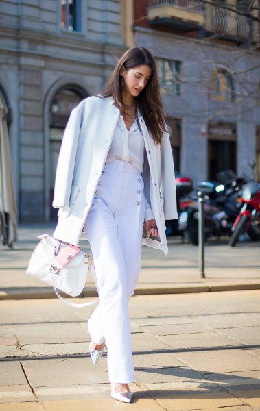 white wool coat with matching sailor trousers with wide legs