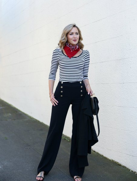 black sailor trousers with striped T-shirt and choker scarf