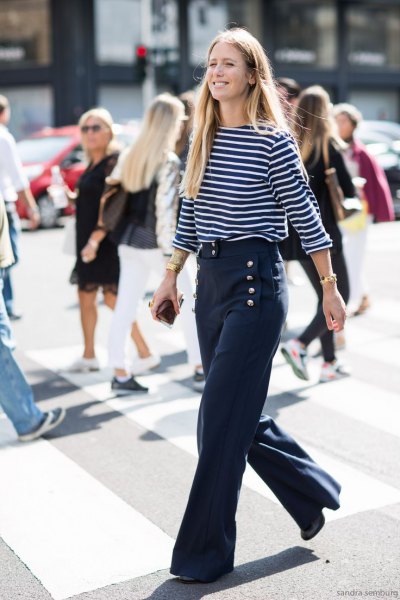 Dark blue and white striped three-quarter top with blue sailor trousers