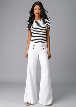 white flared sailor trousers with a striped T-shirt