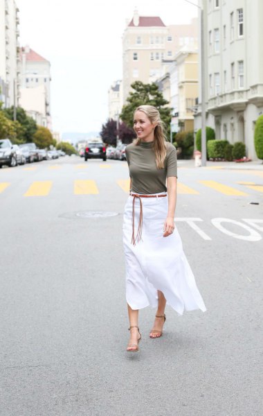 gray mock-neck sweater with half sleeves and white midi linen skirt