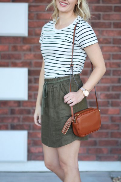 black and white striped t-shirt with green linen mini skirt with elastic waist