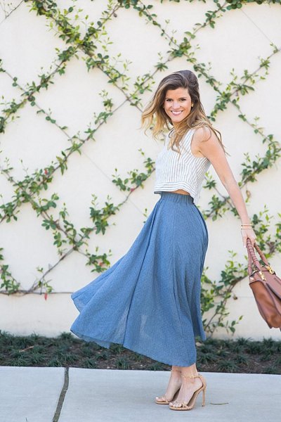gray sleeveless, cropped sweater with blue maxi linen skirt