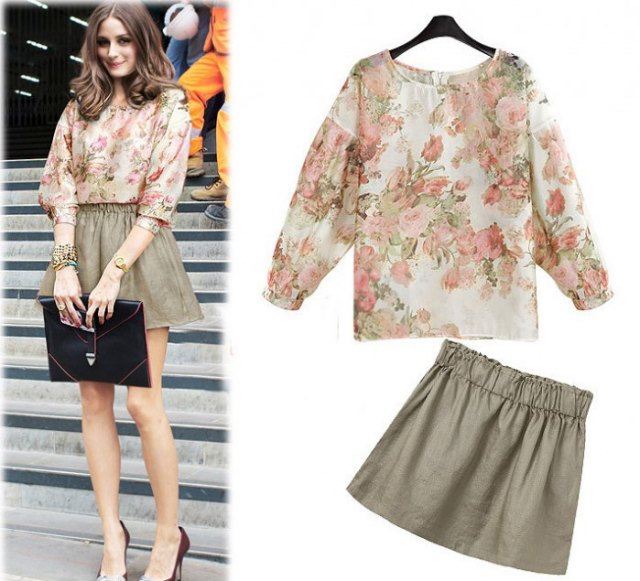 pale pink flower blouse with green skater skirt