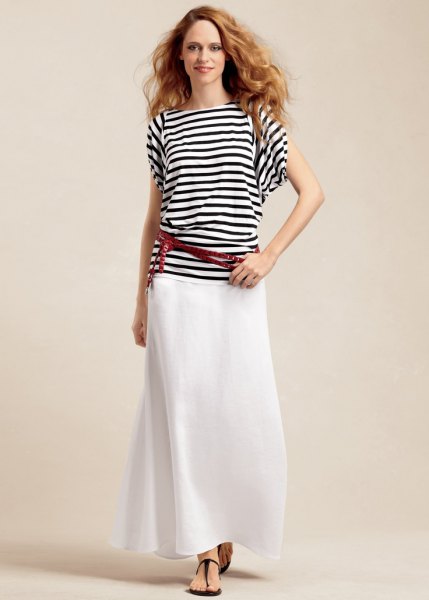 black and white striped t-shirt and white linen maxi skirt