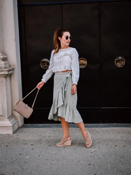gray and white striped blouse with frilled wrap midi linen skirt