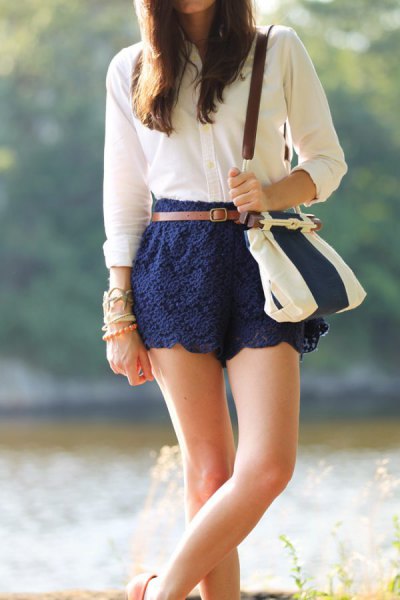 Navy lace cute shorts white button-up shirt