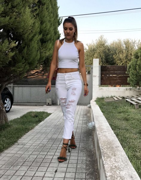 white, short-cut skinny jeans with a halter top