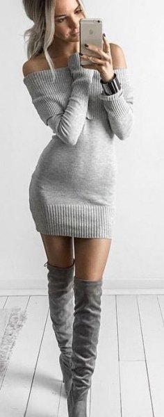 gray knit sweater dress knee high boots