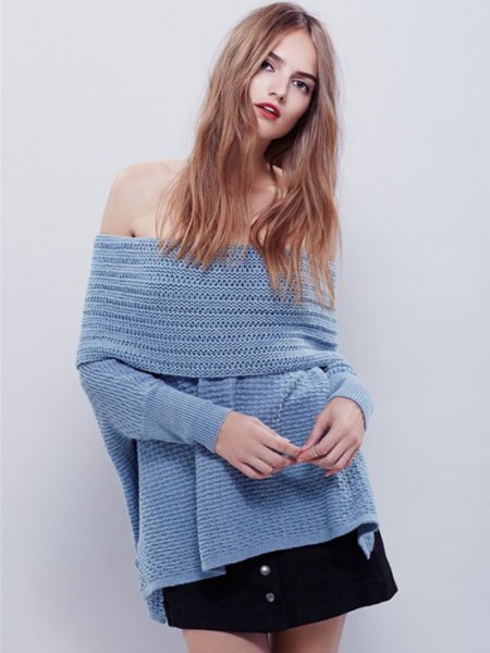 blue strapless knitted sweater with batwing sleeves