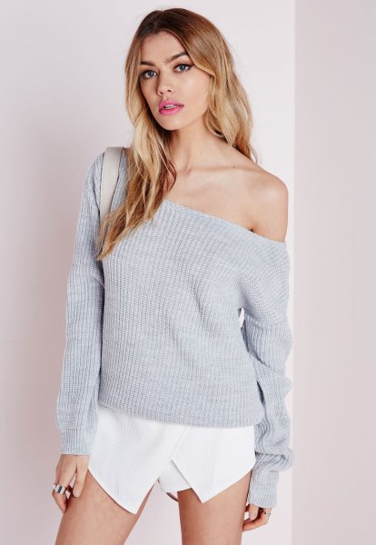 gray off shoulder knit sweater white skort outfit
