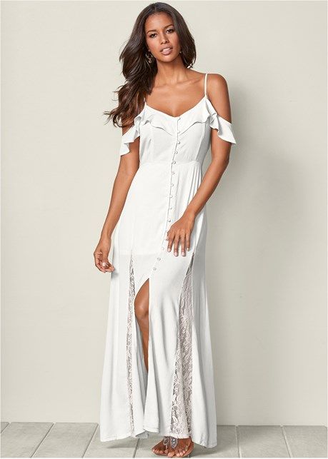 white dress with cold shoulder button