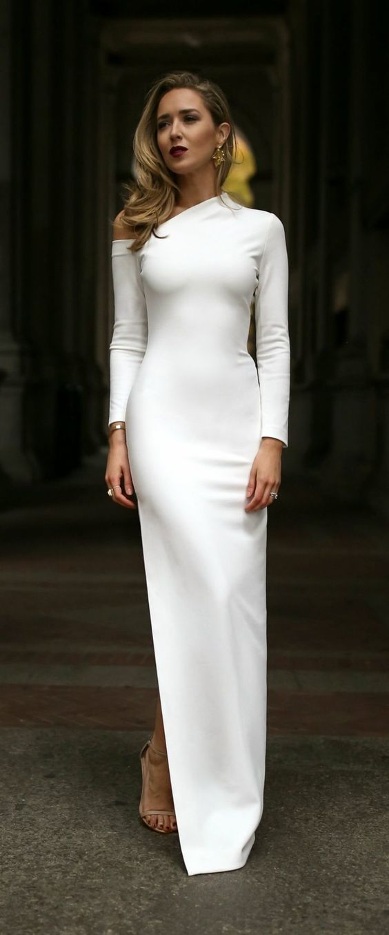white cold shoulder dress long