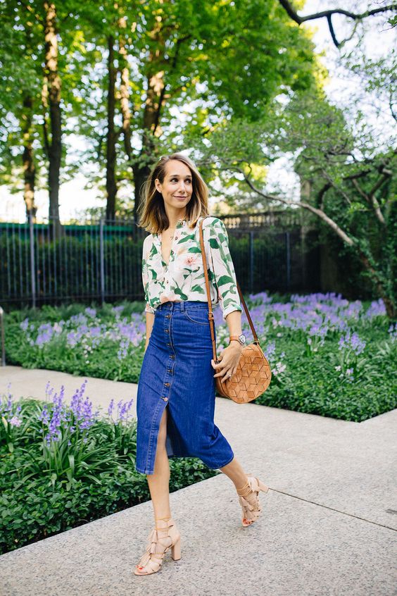 Jeans midi skirt flower blouse