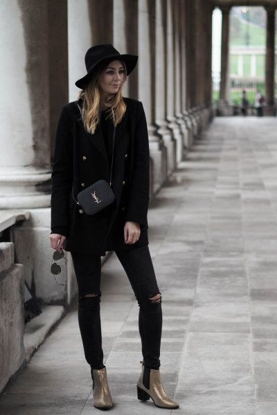 all black outfit gold ankle boots