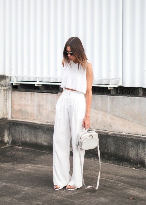 all white pants with high waist and wide legs