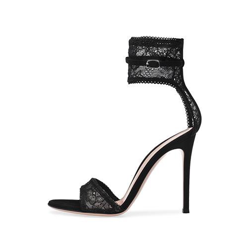 Open toe ankle strap with black lace heels with mini-shift tank dress