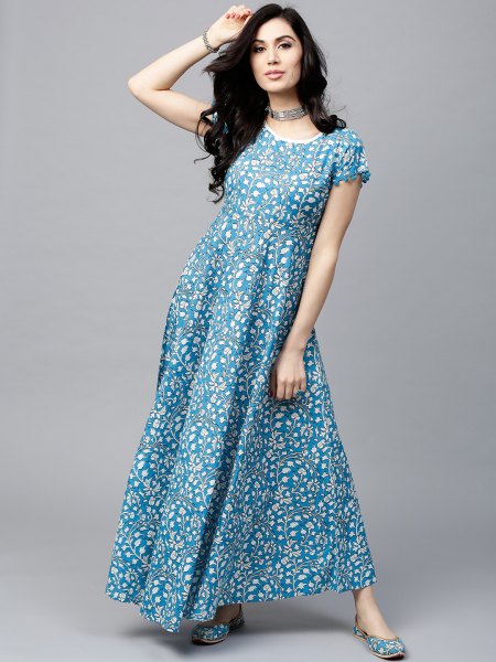 aqua blue and white dotted maxi dress with choker
