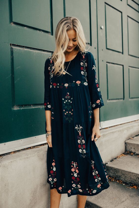 Navy floral dress embroidery