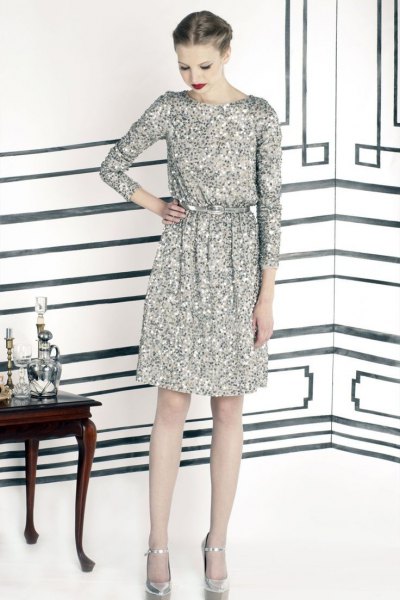 silver long-sleeved sequin dress