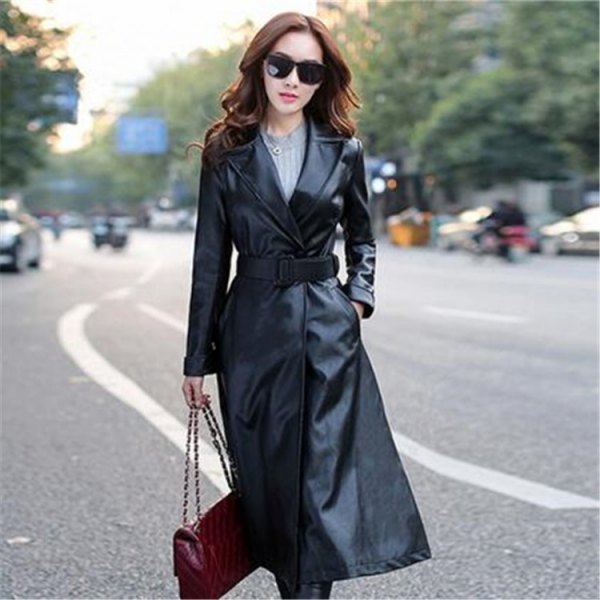black trench coat made of black leather with belt, gray knitted sweater
