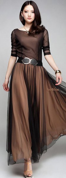 brown chiffon pleated maxi dress with belt