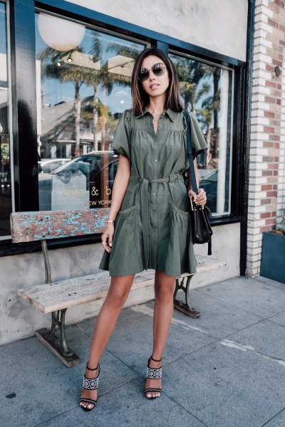 Flared mini khaki dress with button fastening and open toe heels