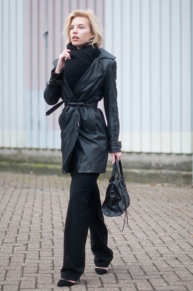 Leather trench coat with belt, black scarf and sweater