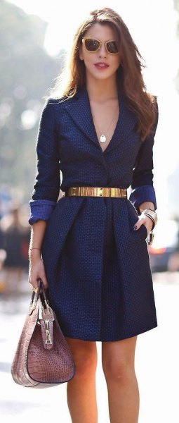 Midnight blue mini blazer dress with deep V-neckline and belt