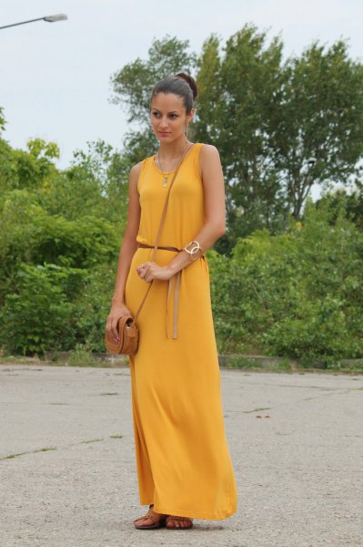 Sleeveless mustard yellow maxi dress with belt