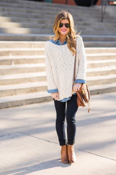 large white sweater with light blue chambray shirt