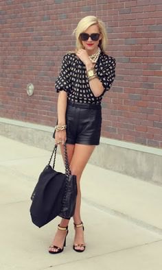 black and blushing pink blouse with half sleeves and leather shorts