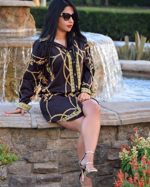 black and gold mini shirt dress with silver, open toe ankle strap heels