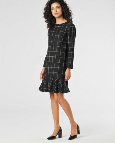 black and gray plaid wool dress with ruffles
