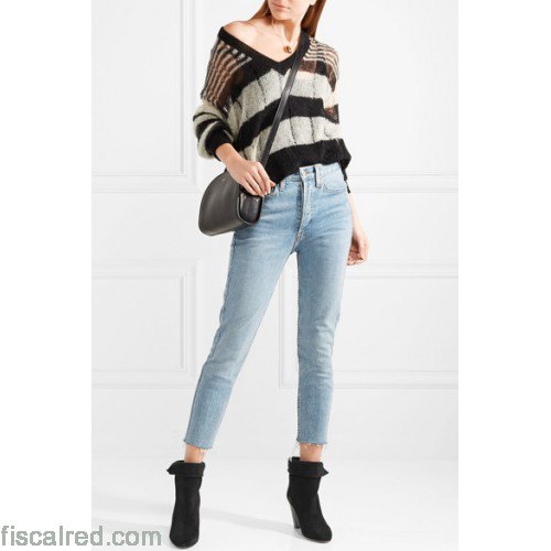 black and gray striped jeans with V-neckline and short jeans