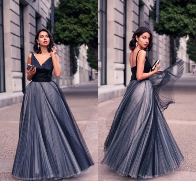 black and gray two-tone maxi tulle dress