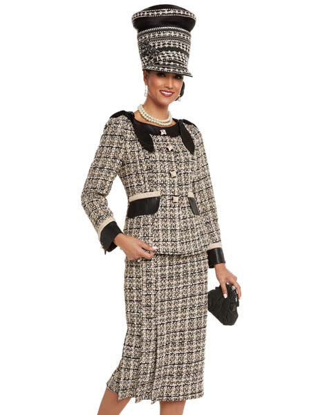 black and light yellow plaid tweed church suit with matching hat