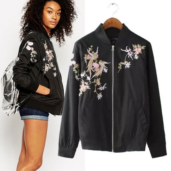 Sports coat with a floral print in black and pink with mini denim shorts