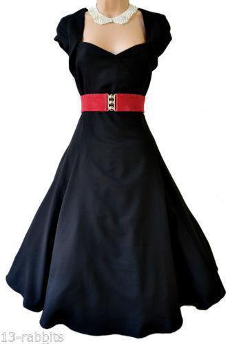 black and red midi dress with pin-up fit and flare with white lace collar