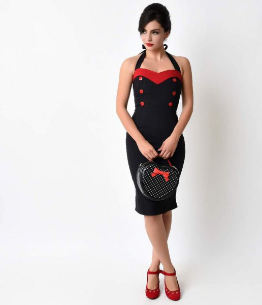 black and red midi dress with halter neck